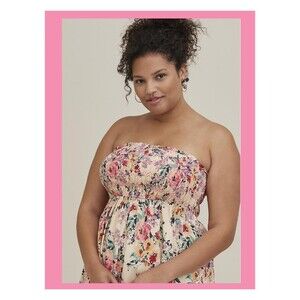 NWT Torrid 5X Floral Print Taupe Rayon Slub Smocked Hi Low Tube Top Size 28